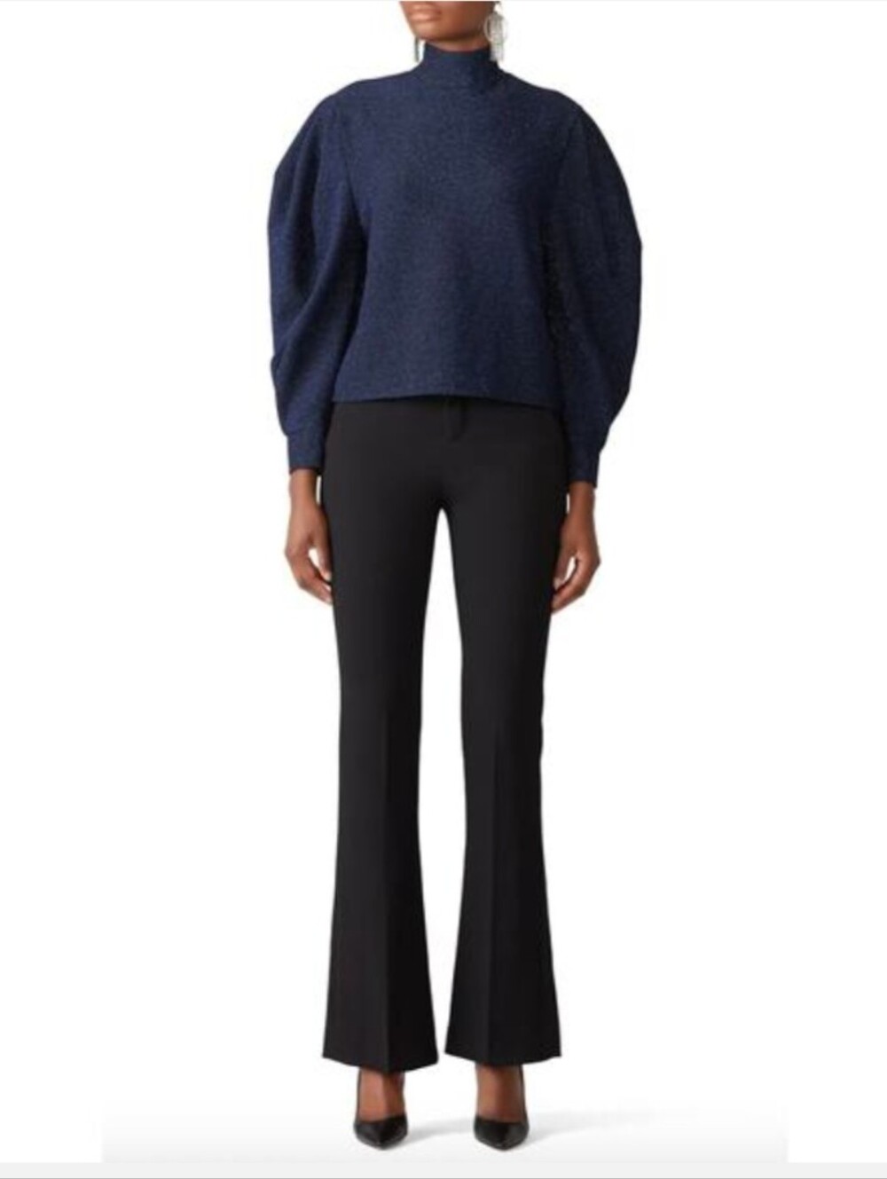 PatBo Metallic Navy Lurex Puff Sleeve Turtleneck Sparkle Shimmer Top Size Medium